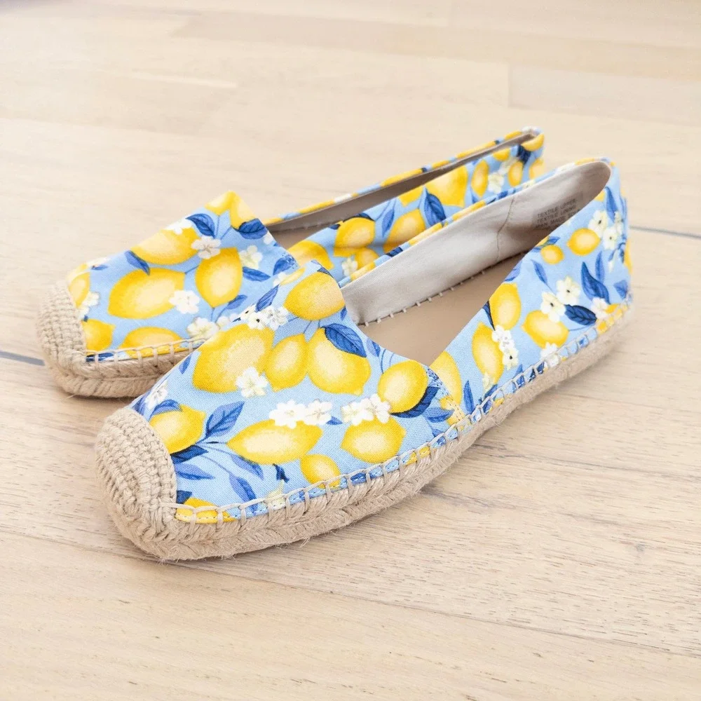 Ann Taylor Womens Lemon Print Espadrille Flats 9.5M Blue Yellow Canvas Slip On